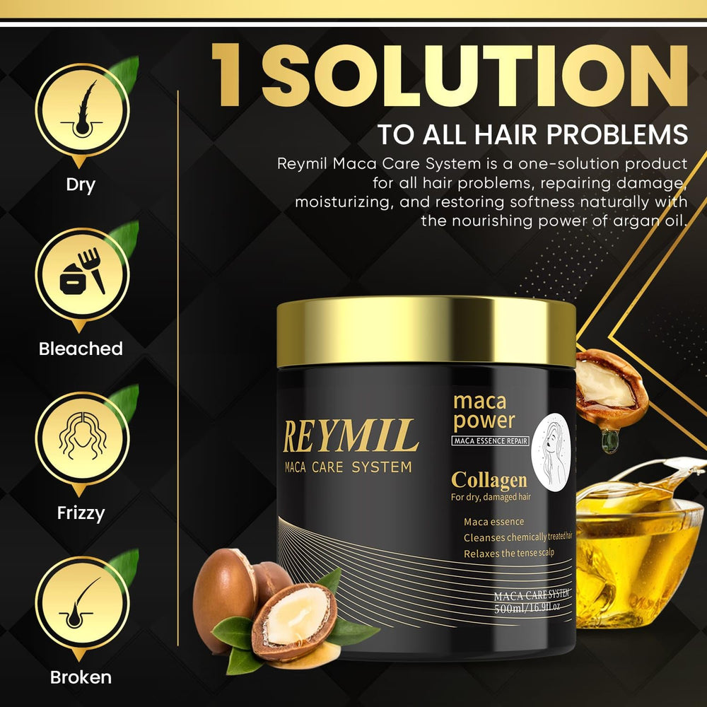 REYMIL Collagen Hair Mask targets dry, damaged hair with repair cues.