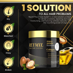 REYMIL Collagen Hair Mask targets dry, damaged hair with repair cues.