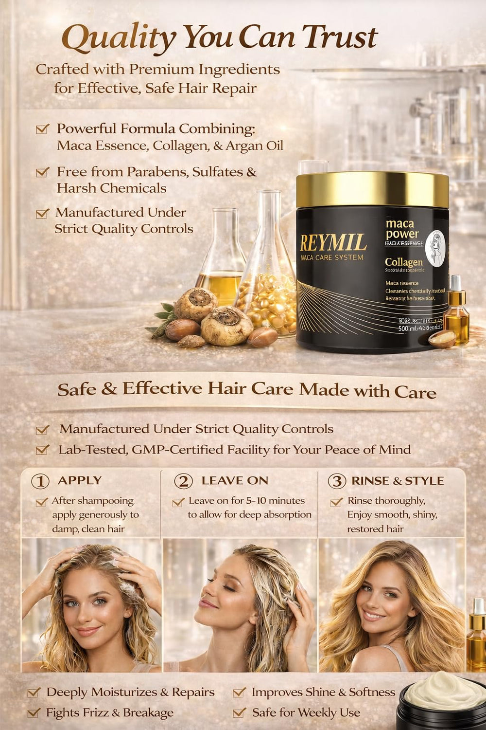 REYMIL Collagen Hair Mask jar closeup shows rich conditioning.