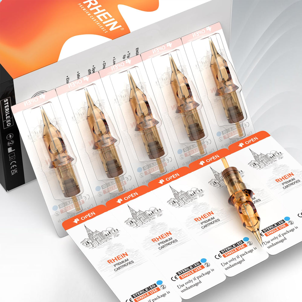 RHEIN cartridges shown with transparent brown housing for easy ink flow monitoring.
