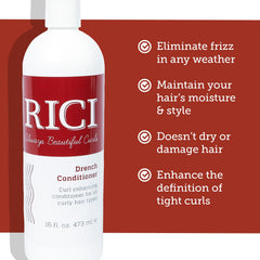 RICI Drench Conditioner being applied to damp curls for hydration.