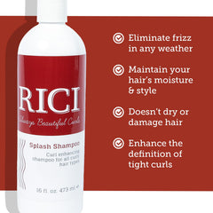 Made-in-USA badge on RICI Splash Shampoo 16oz bottle for daily cleansing