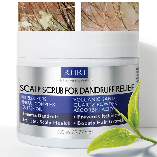 Rida Hair Anti Dandruff Scrub bottle on display highlighting scalp care benefits.