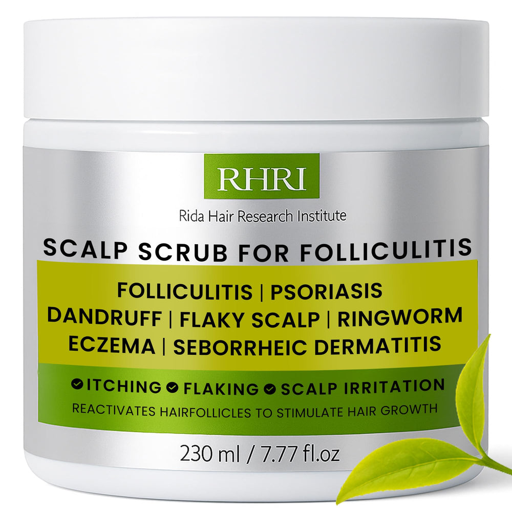 Rida Hair antifungal scalp scrub bottle close-up for refreshed scalp.