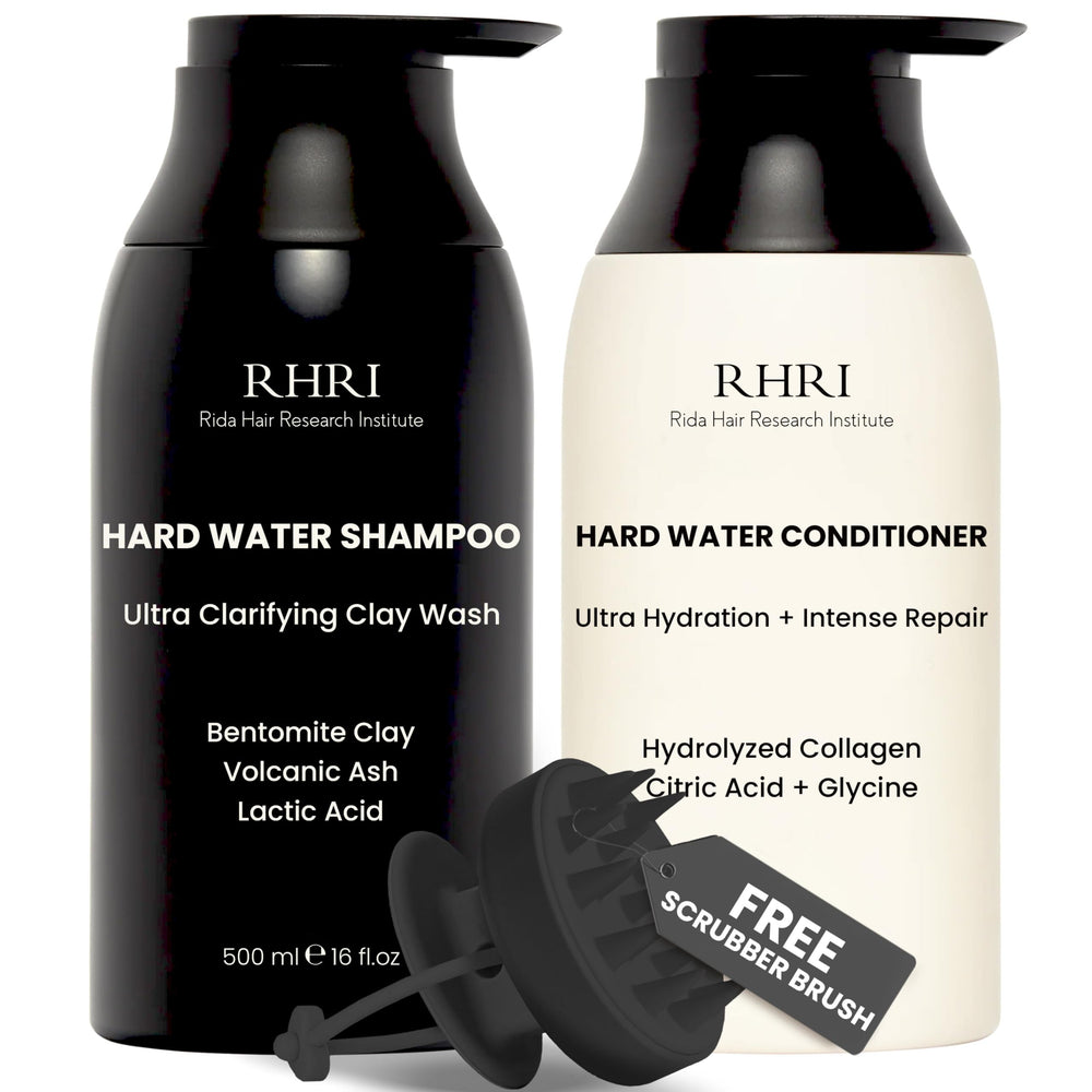 Rida Hard Water Shampoo bottle with bentonite clay cleansing mineral buildup and refreshing hair