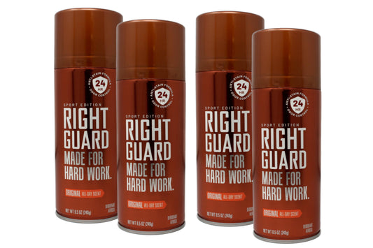 Right Guard Original deodorant spray underarm application for long-lasting freshness.