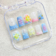 RIICFDD 3D flower blue gradient nails with pearls for elegant everyday wear