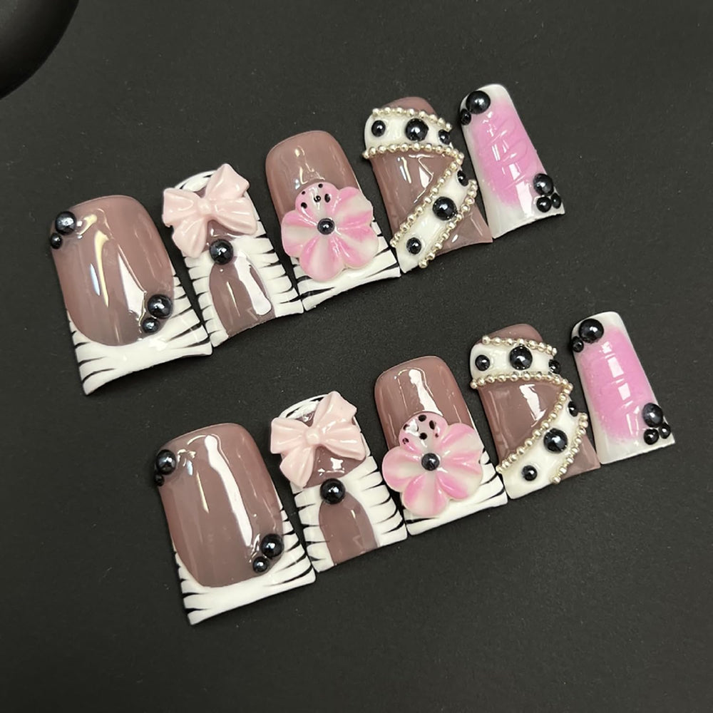 RIICFDD duck press-on nails with 3D flower design for chic manicure