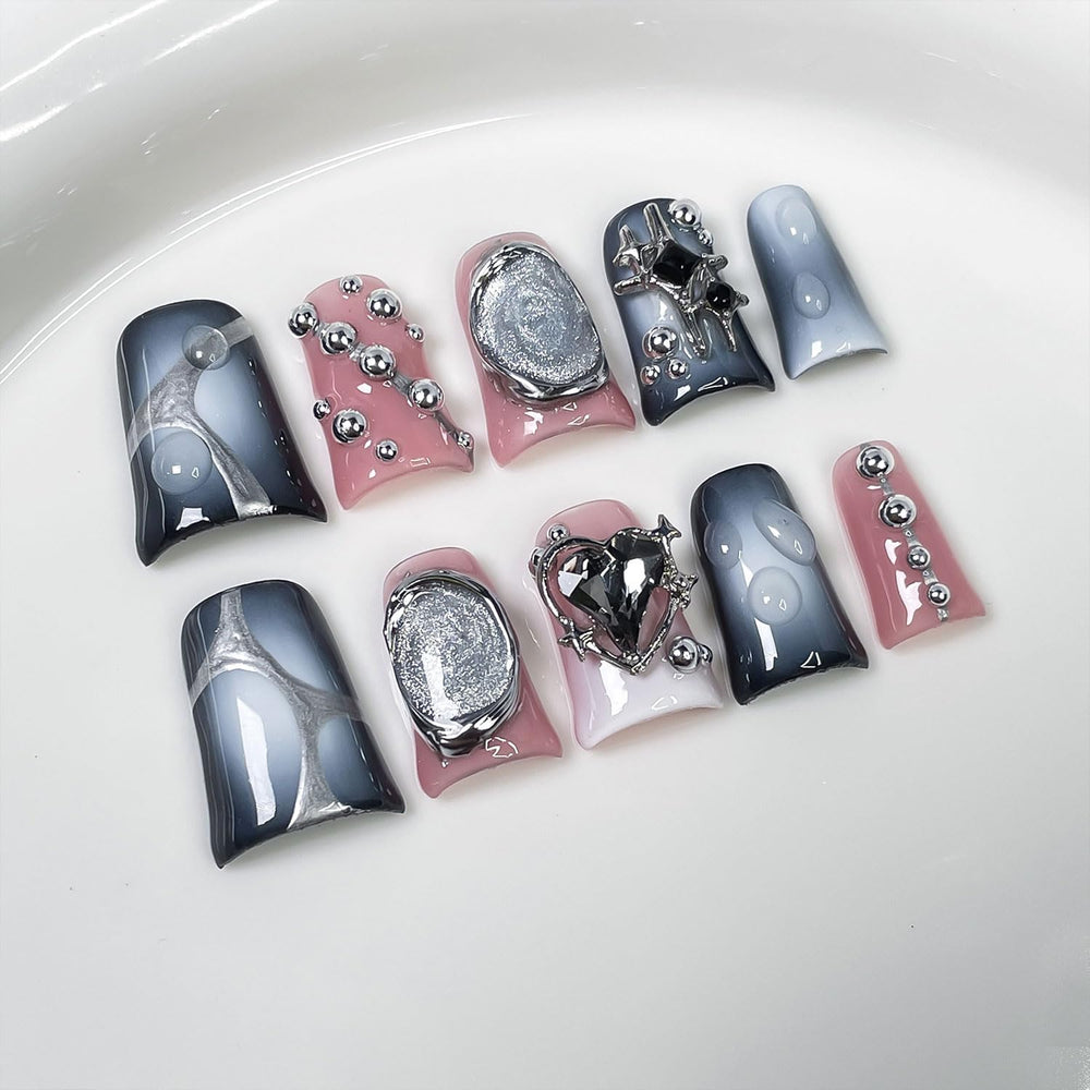 RIICFDD duck press-on nails with blue-white gradient and rhinestones for a chic manicure
