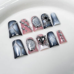 RIICFDD duck press-on nails with blue-white gradient and rhinestones for a chic manicure