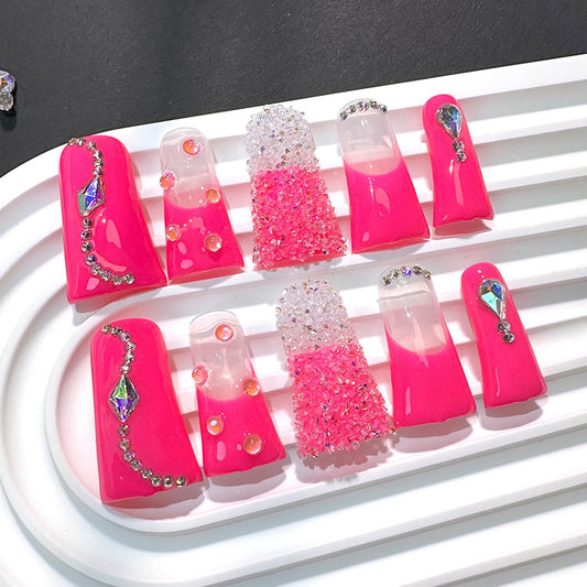 RIICFDD handmade press-on nails with long duck shape and rose-pink rhinestones for elegance