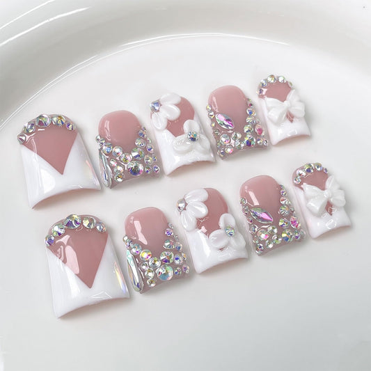 RIICFDD luxury rhinestone duck press-on nails with crystal accents for instant glam