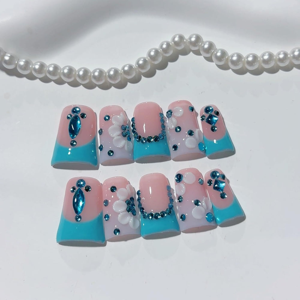 RIICFDD reusable full-cover acrylic nails with blue petal accents for daily wear.