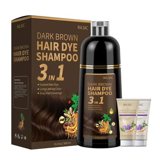 RILSIC dark brown hair dye shampoo bottle demonstrates instant gray coverage at home