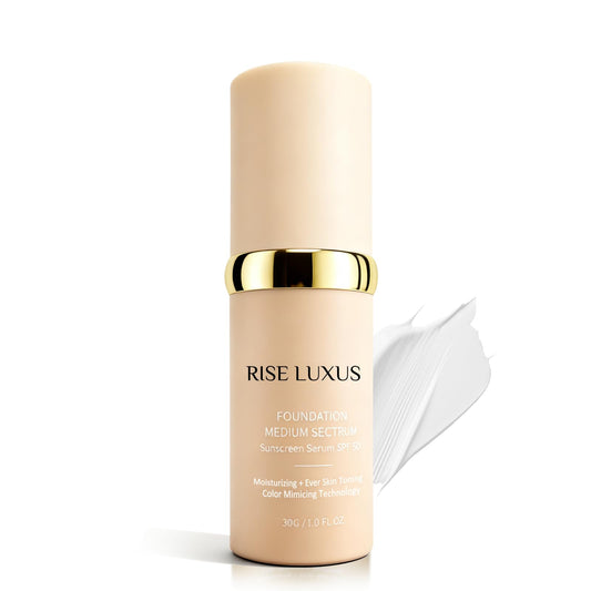 Rise Luxus Ultrablend 4-in-1 foundation bottle showing smooth, natural coverage.