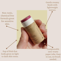 River Organics blush stick on minimalist bathroom counter setup.