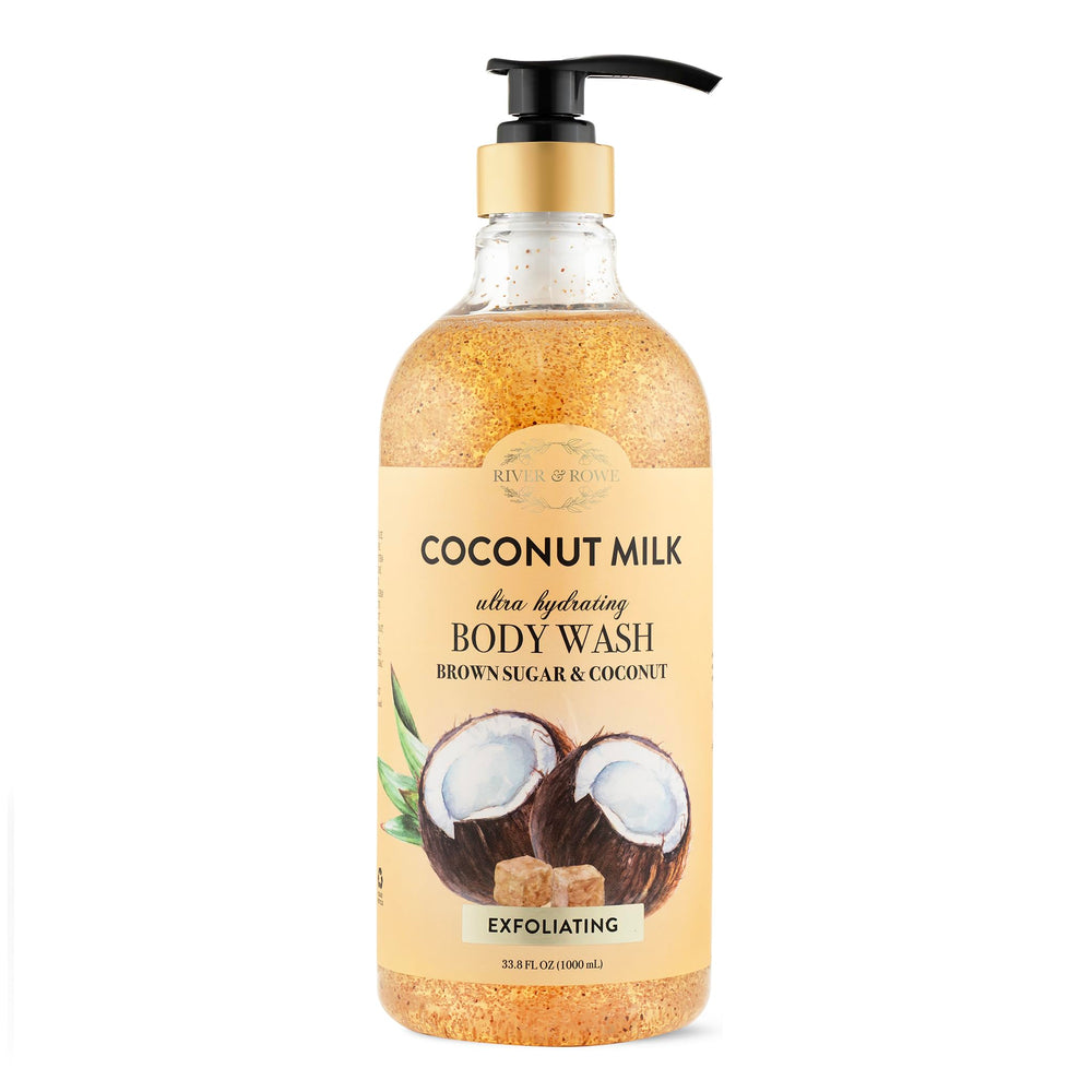 River & Rowe Coconut Milk & Brown Sugar Exfoliating Body Wash bottle pour for hydrated skin