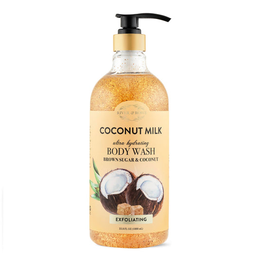 River & Rowe Coconut Milk & Brown Sugar Exfoliating Body Wash bottle pour for hydrated skin