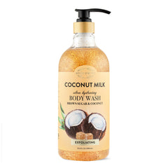River & Rowe Coconut Milk & Brown Sugar Exfoliating Body Wash bottle pour for hydrated skin