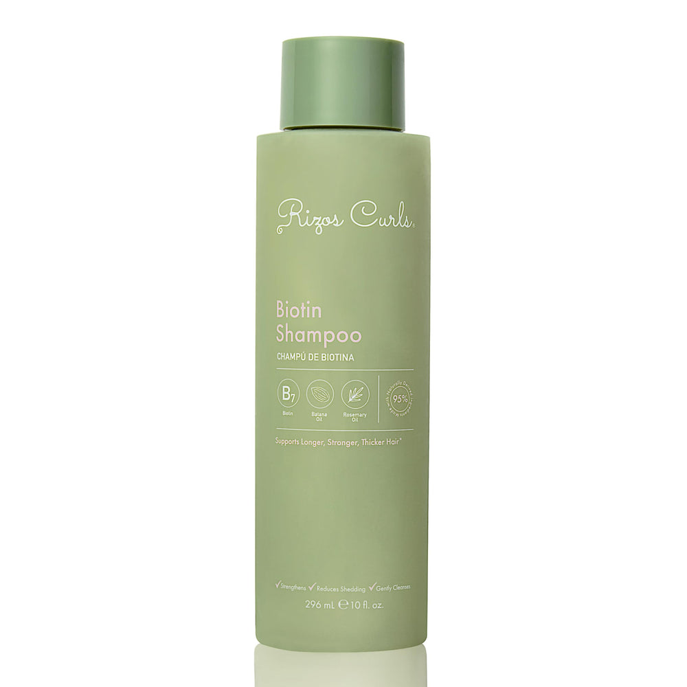 Rizos Curls Biotin Shampoo bottle-front highlights sulfate-free formula for all hair types.