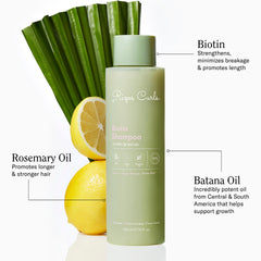 Rizos Curls Biotin Shampoo label closeup shows ingredients and vegan formula.