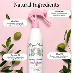 Rizos Curls Travel Refresh & Detangle Spray close-up showing moisture-rich formula.