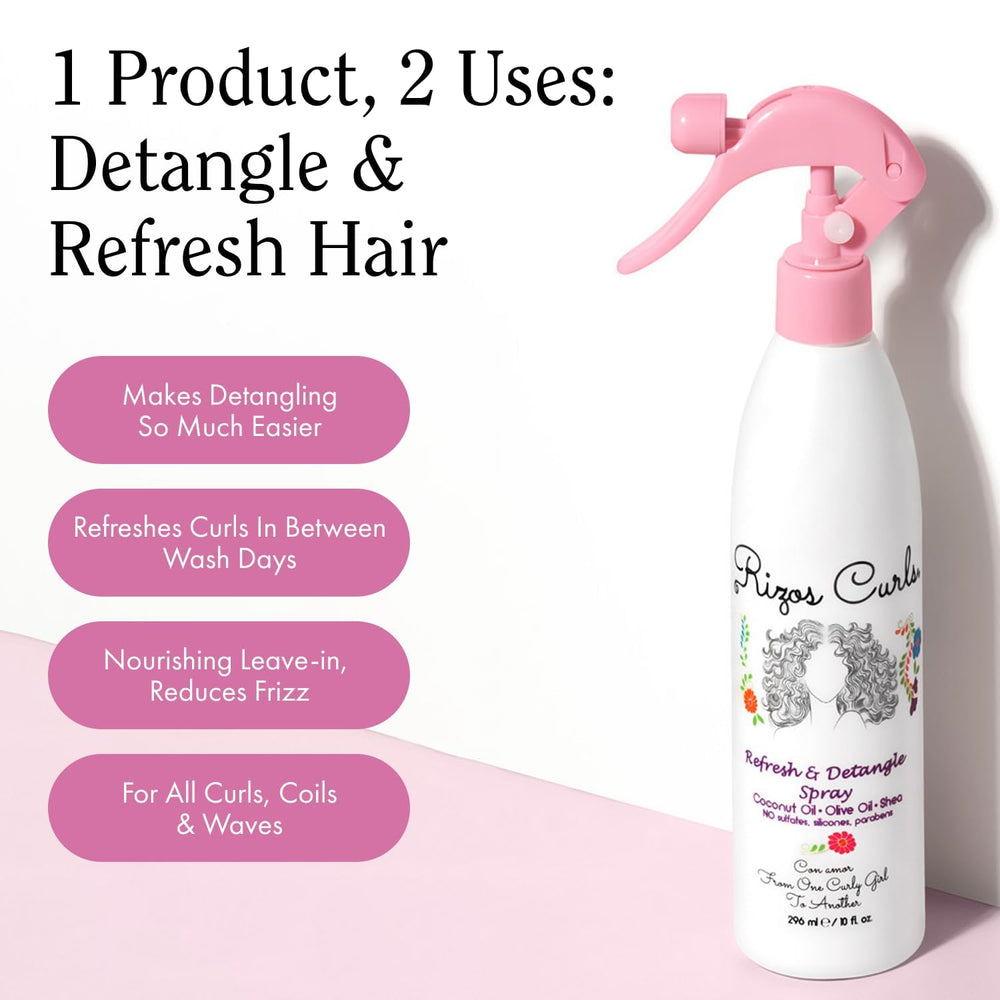 Rizos Curls Travel Refresh & Detangle Spray packaging demonstrates compact travel size.