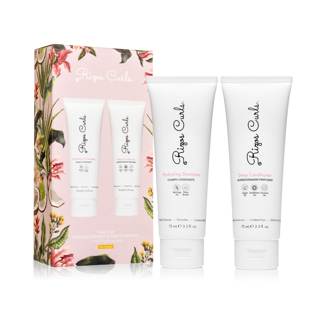 Rizos Curls Hydrating Shampoo bottle showing gentle cleansing and moisture for curly hair.