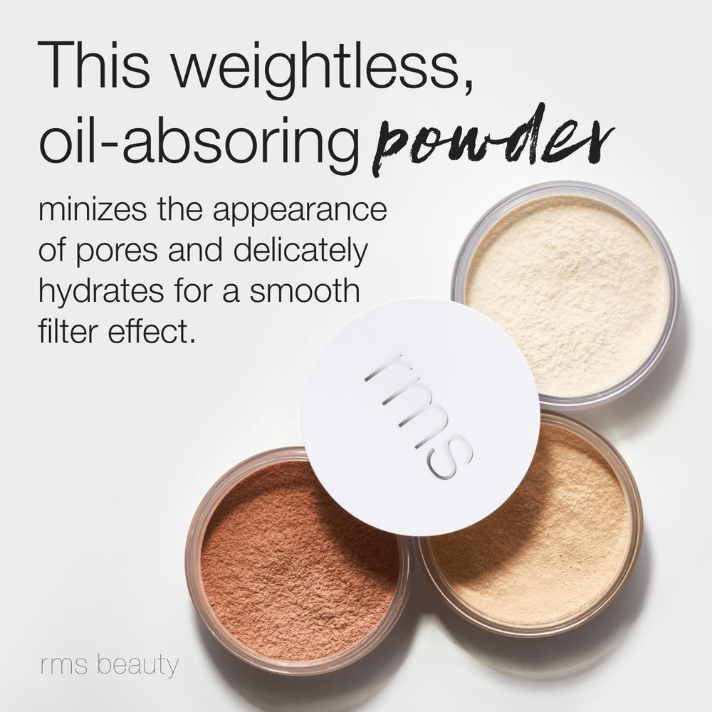 RMS Beauty Hydra Setting Powder jar during application for a smooth, pore-minimized look
