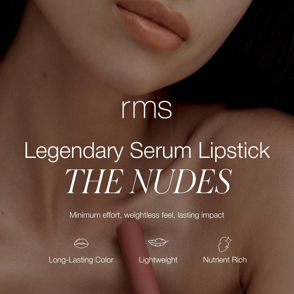 RMS Beauty Legendary Serum Lipstick The Nudes adaptogenic herbal blend close-up