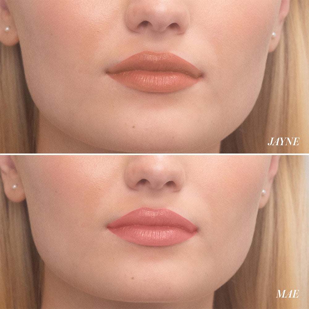 RMS Beauty Legendary Serum Lipstick The Nudes application close-up with cooling sensation