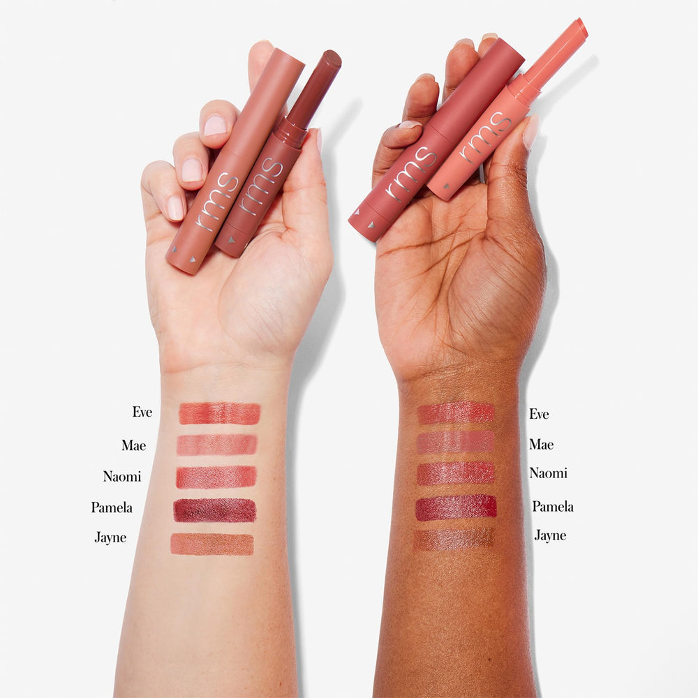 RMS Beauty Legendary Serum Lipstick The Nudes on lips shows smooth glide and color