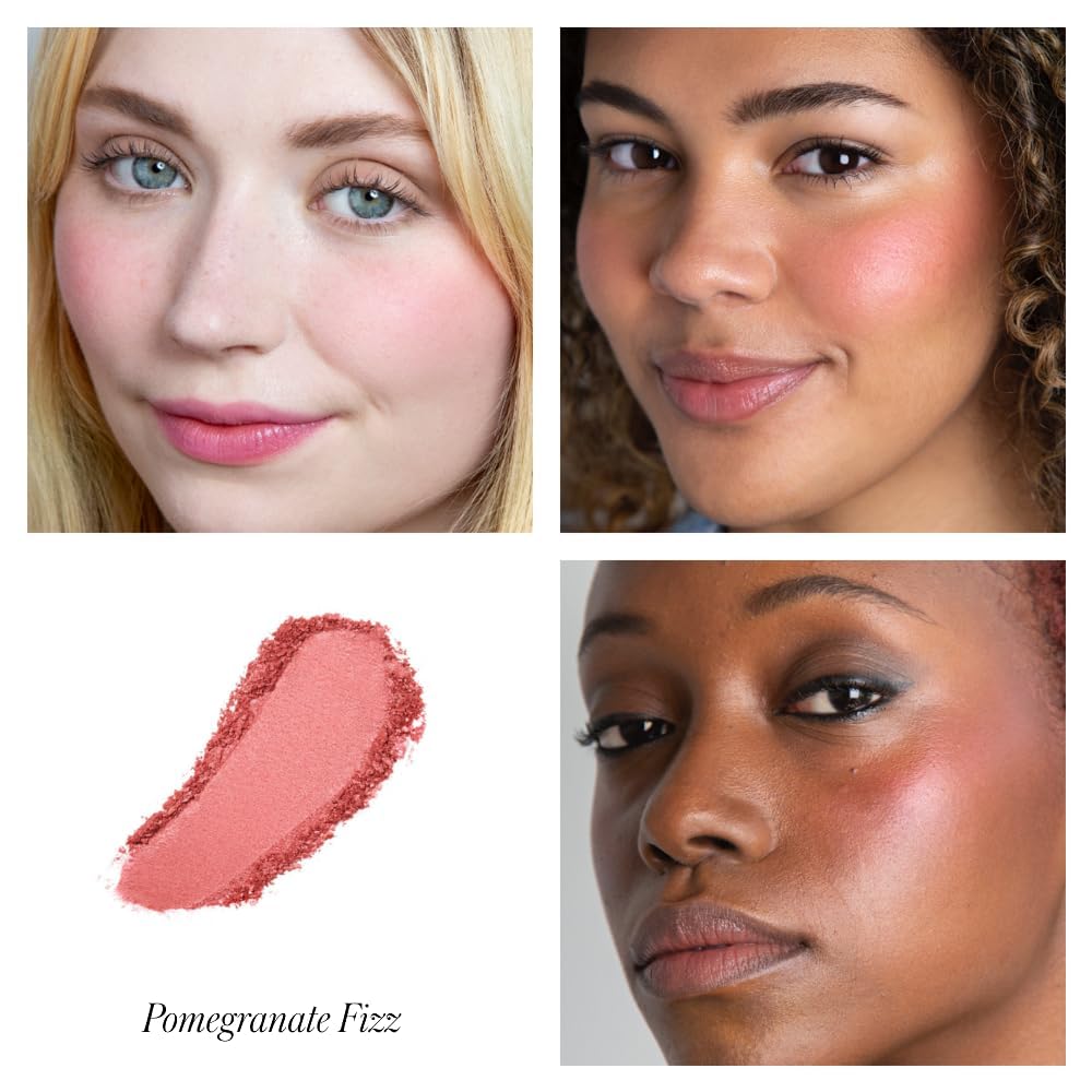 RMS Beauty Redimension Hydra Powder Blush swatch on cheek shows 3D satin sheen