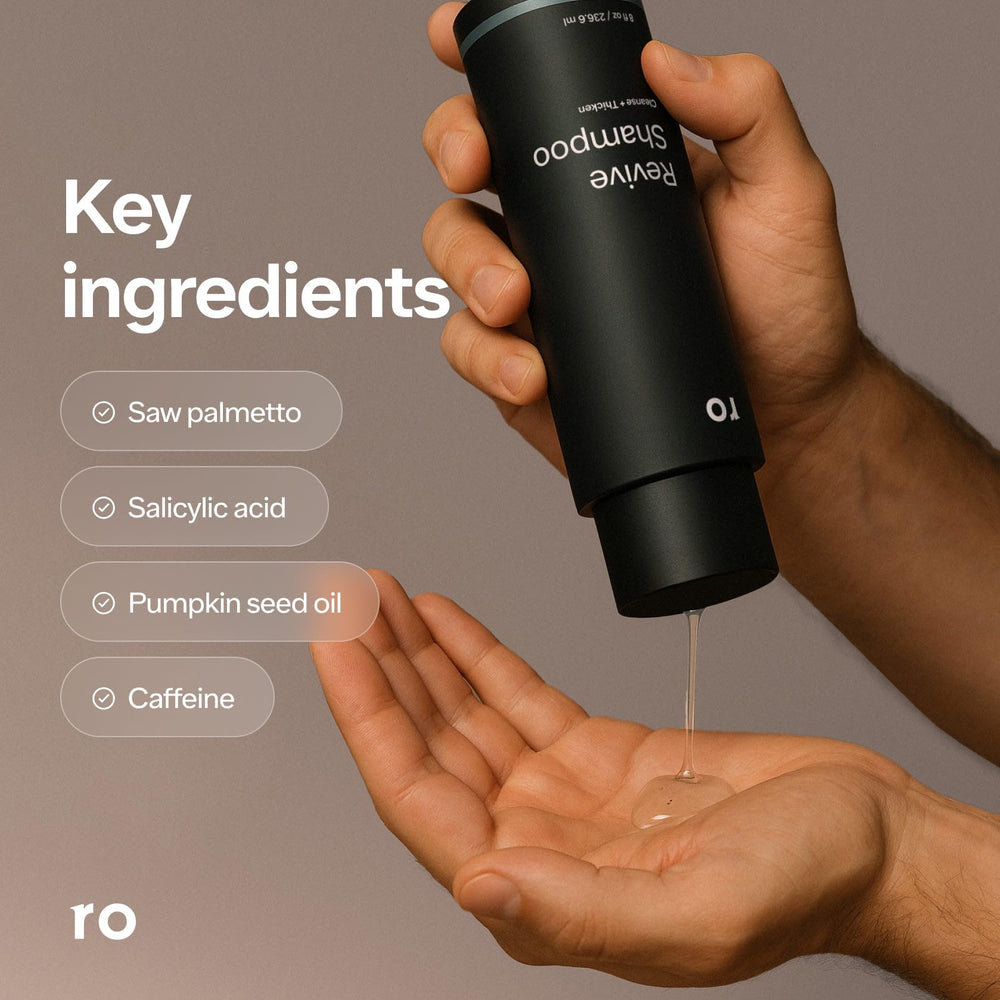 ro men's revive shampoo bottle shows clarifying formula for a cleaner scalp