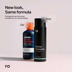 ro men's revive shampoo on sink promoting fuller-looking hair after use