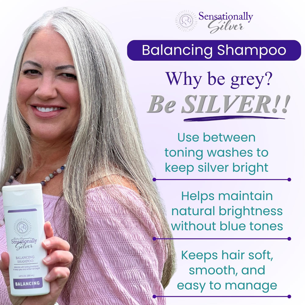 Robin Norwood's Sensationally Silver Balancing Shampoo pump shown for easy, gentle cleansing.