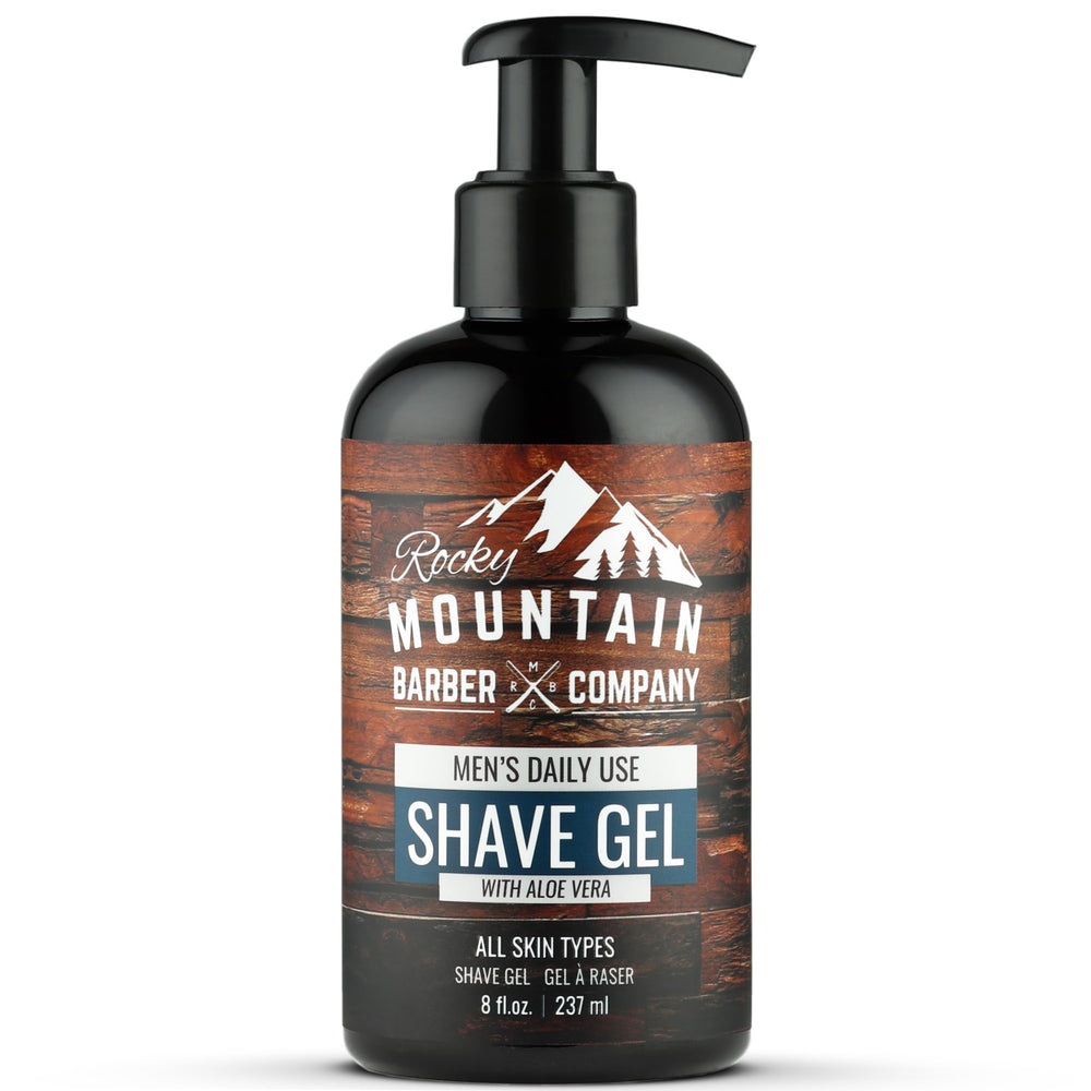 Rocky Mountain Barber Company clear shave gel shown with pump cap for precise shaving.