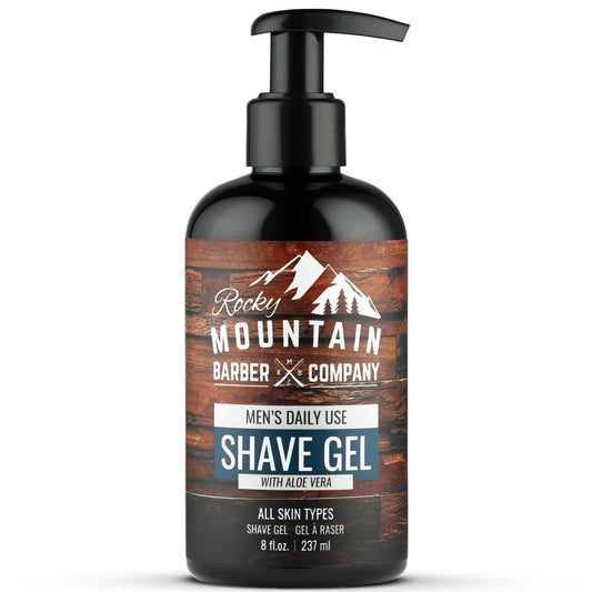 Rocky Mountain Barber Company clear shave gel shown with pump cap for precise shaving.