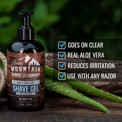Rocky Mountain Barber Company clear gel compatible with cartridge razors and more.