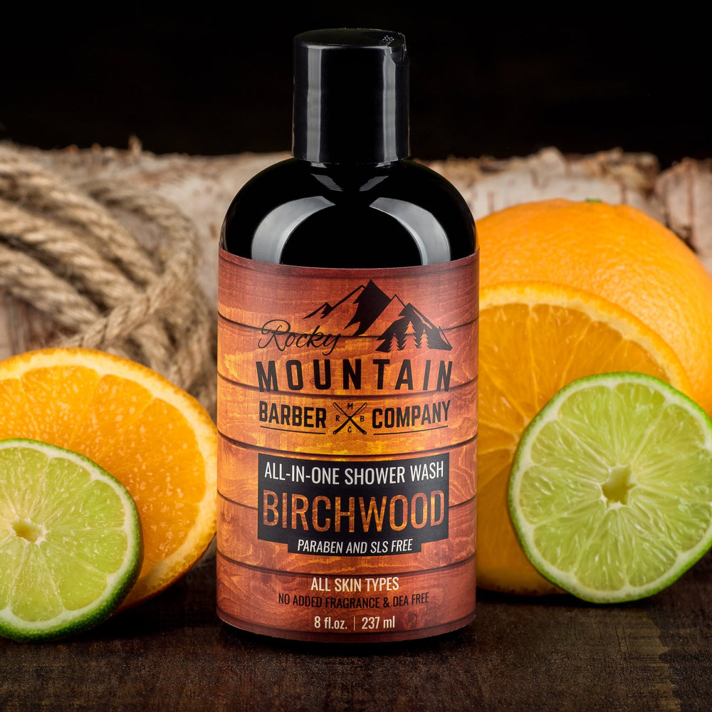 Rocky Mountain Birchwood body wash image emphasizing skin-friendly cleansing