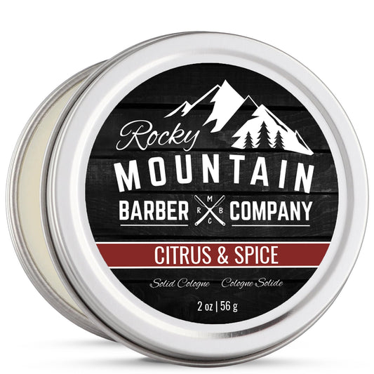 Rocky Mountain Solid Cologne citrus-spice compact tin closeup for on-the-go scent