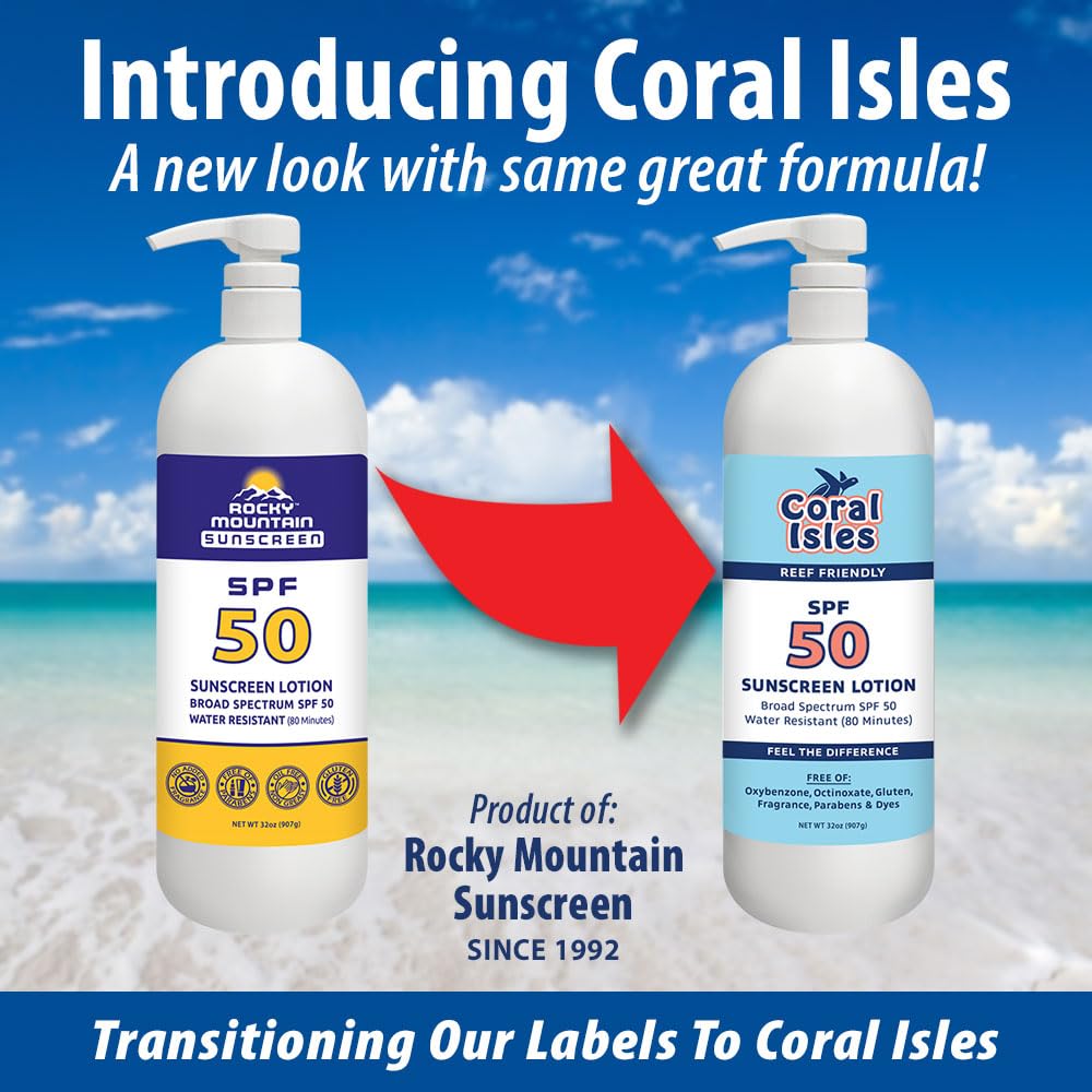 Rocky Mountain Sunscreen Coral Isles label close-up shows reef-friendly formulation
