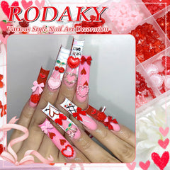 RODAKY 3D Nail Flower Charms and Heart Gems create valentines-inspired styles.