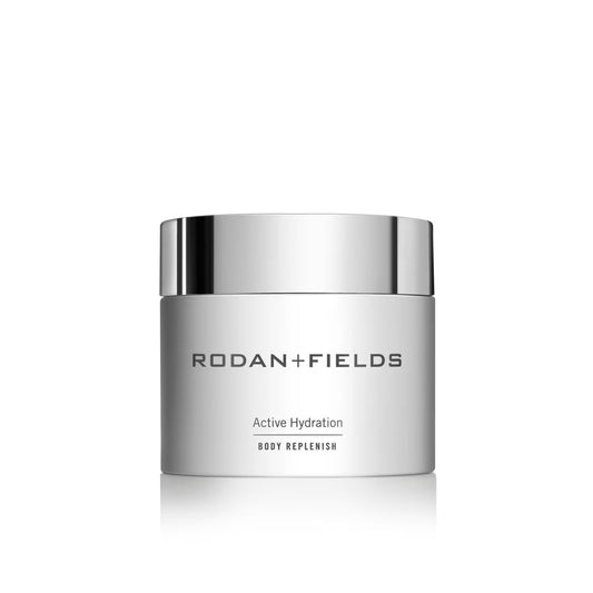 RODAN + FIELDS Active Hydration Body Replenish bottle pour demonstrates lightweight hydration for daily use.