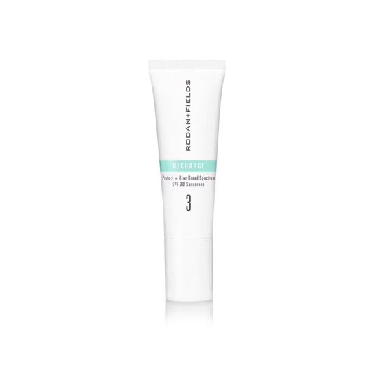 Rodan + Fields Recharge Protect + Blur SPF 30 bottle shown for lightweight protection and matte finish