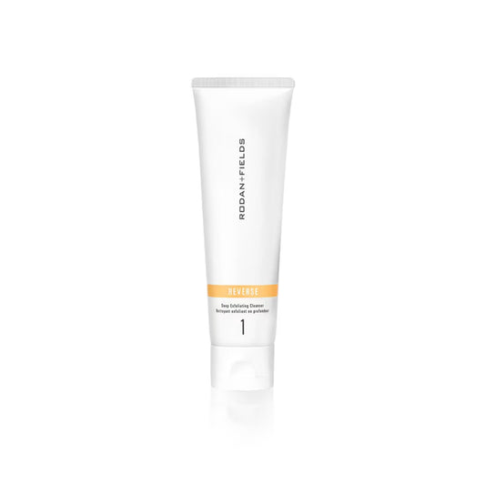 Rodan + Fields Reverse cleanser bottle front highlighting exfoliating action for smoother skin.