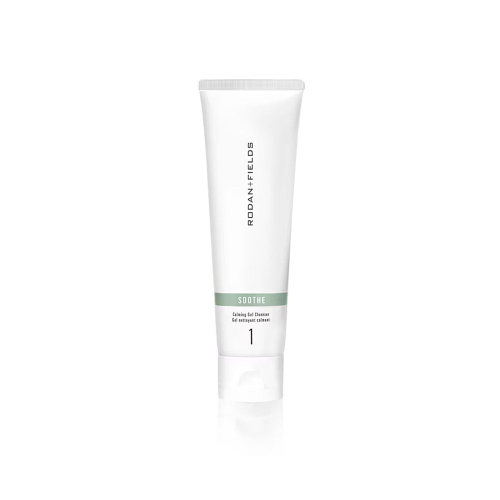 Rodan + Fields Soothe Calming Gel Cleanser packaging shows gentle daily cleanser for sensitive skin.
