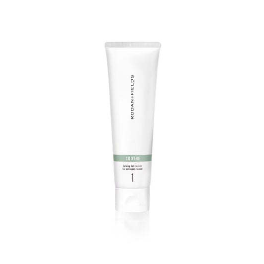 Rodan + Fields Soothe Calming Gel Cleanser packaging shows gentle daily cleanser for sensitive skin.