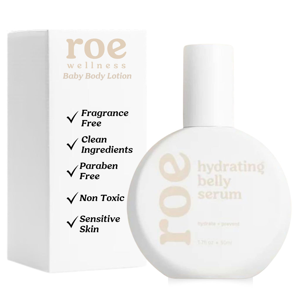 Roe Wellness belly serum bottle with pump provides lightweight hydration for sensitive skin.