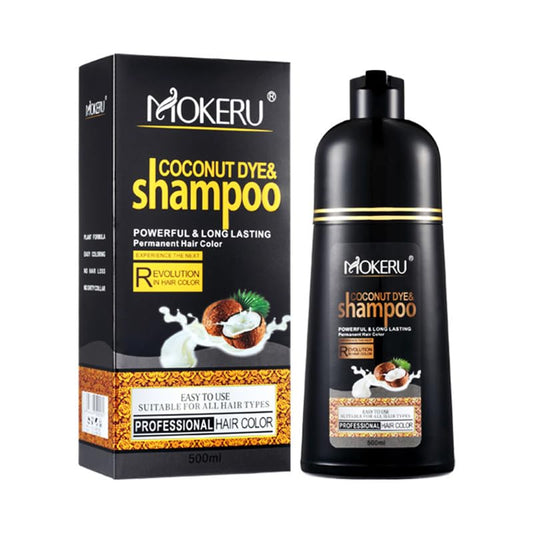 Roivikis MOKERU coconut oil black hair dye shampoo bottle for quick gray coverage.